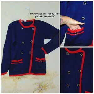 Kaymaz VTG Faux Button Cardigan Knit Sweater Blue Red Womens Pullover Sweater M